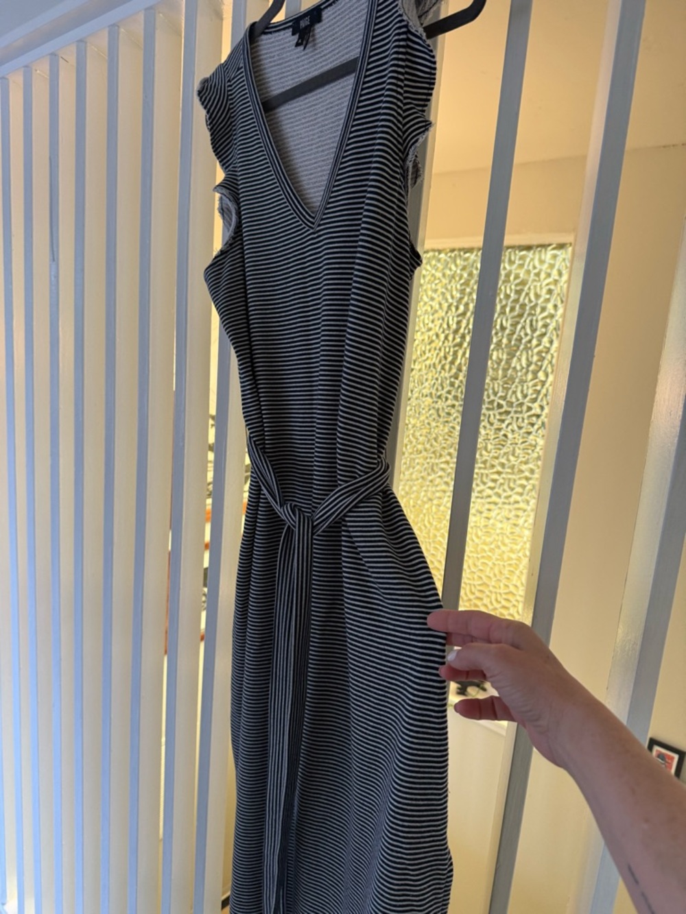 Paige Black and White Striped V-Neck Midi Dress with Tie Waist